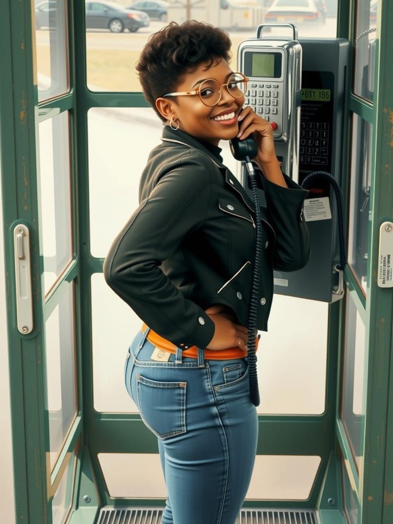 Stylish Woman Talks on Vintage Payphone in Red Booth