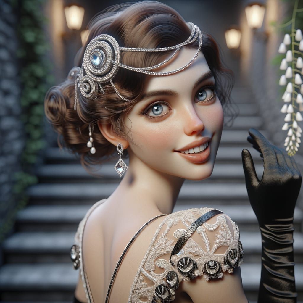 Art Deco Woman on Terrace with Jeweled Headpiece