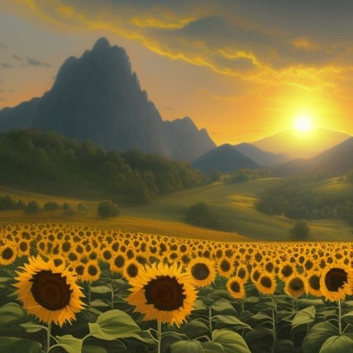 Sunflower Valley Sunset in Art Nouveau Style