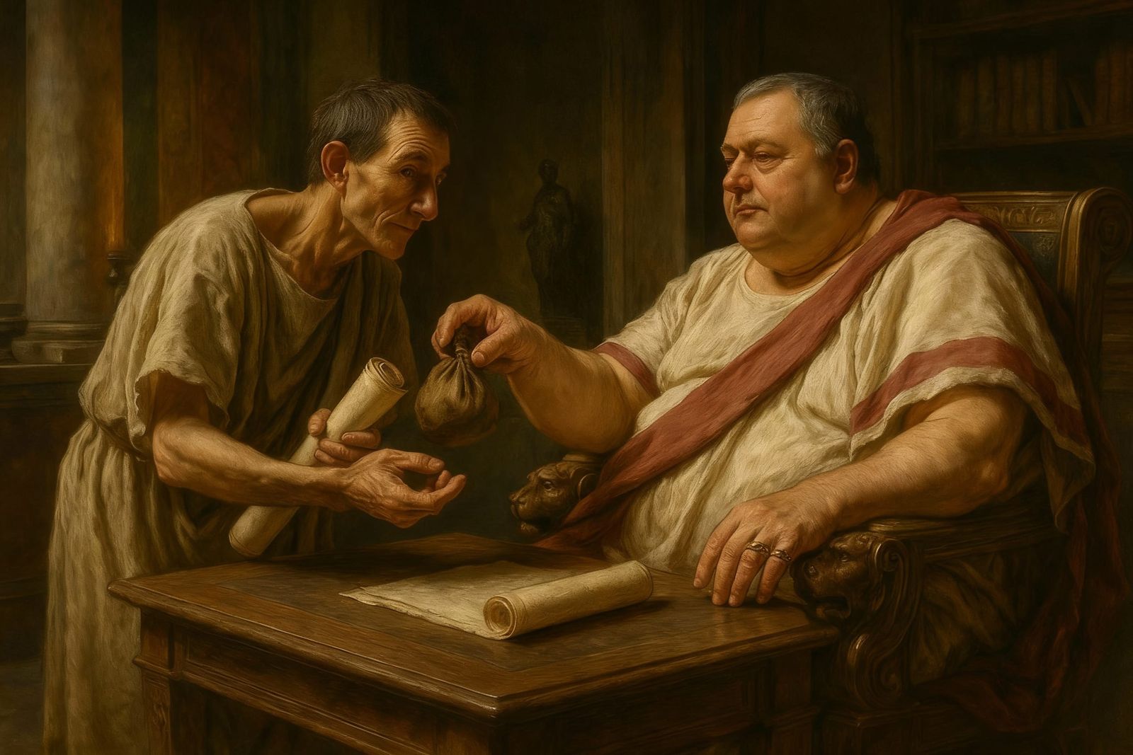 Roman Senator Buys Treasonous Scroll in Oil Painting