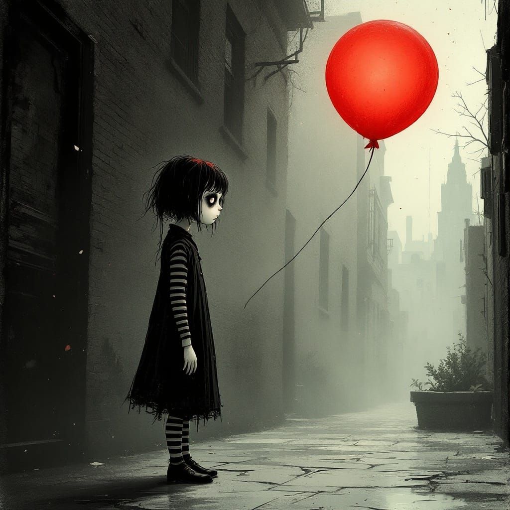 Whimsical Urban Enigma with Red Balloon