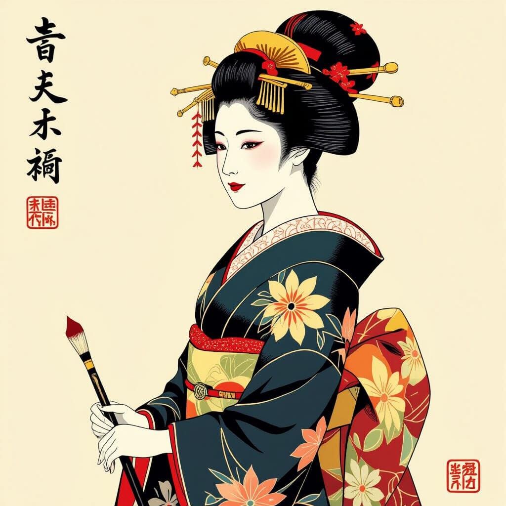 Geisha in Kimono with Delicate Brushstrokes