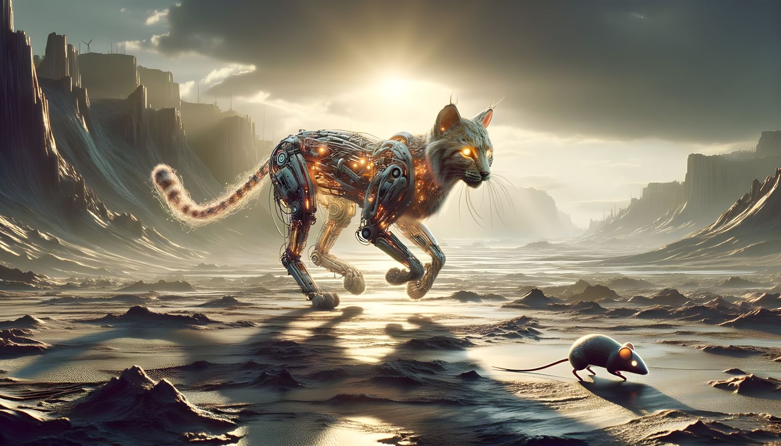 Cybernetic Bobcat Pursues Micro Mouse in Post-Apocalyptic Dy...