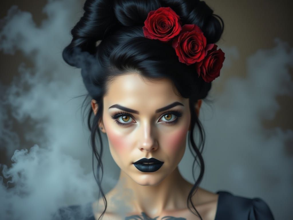 Pin Up Woman with Roses in Hair and Intense Eyes