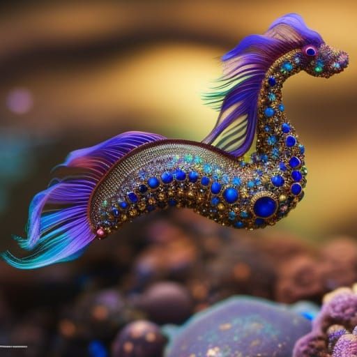 Bejeweled Seahorse in Deep Blue Underwater Scene