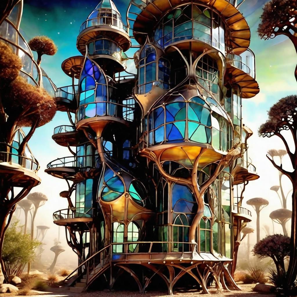 Steampunk Stained Glass Treehouse in Crystal Desert