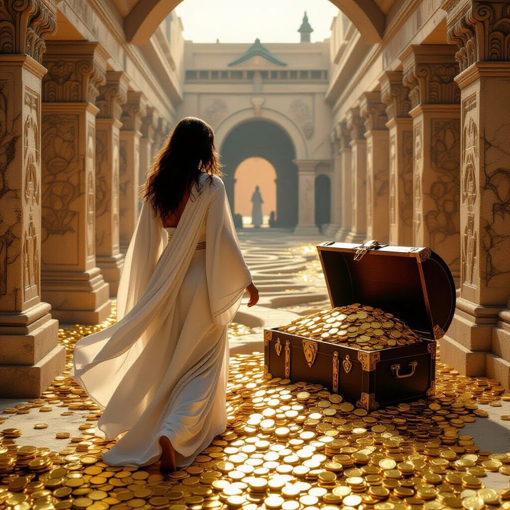 Woman Finds Treasure in Biblical Maze: Matte Painting