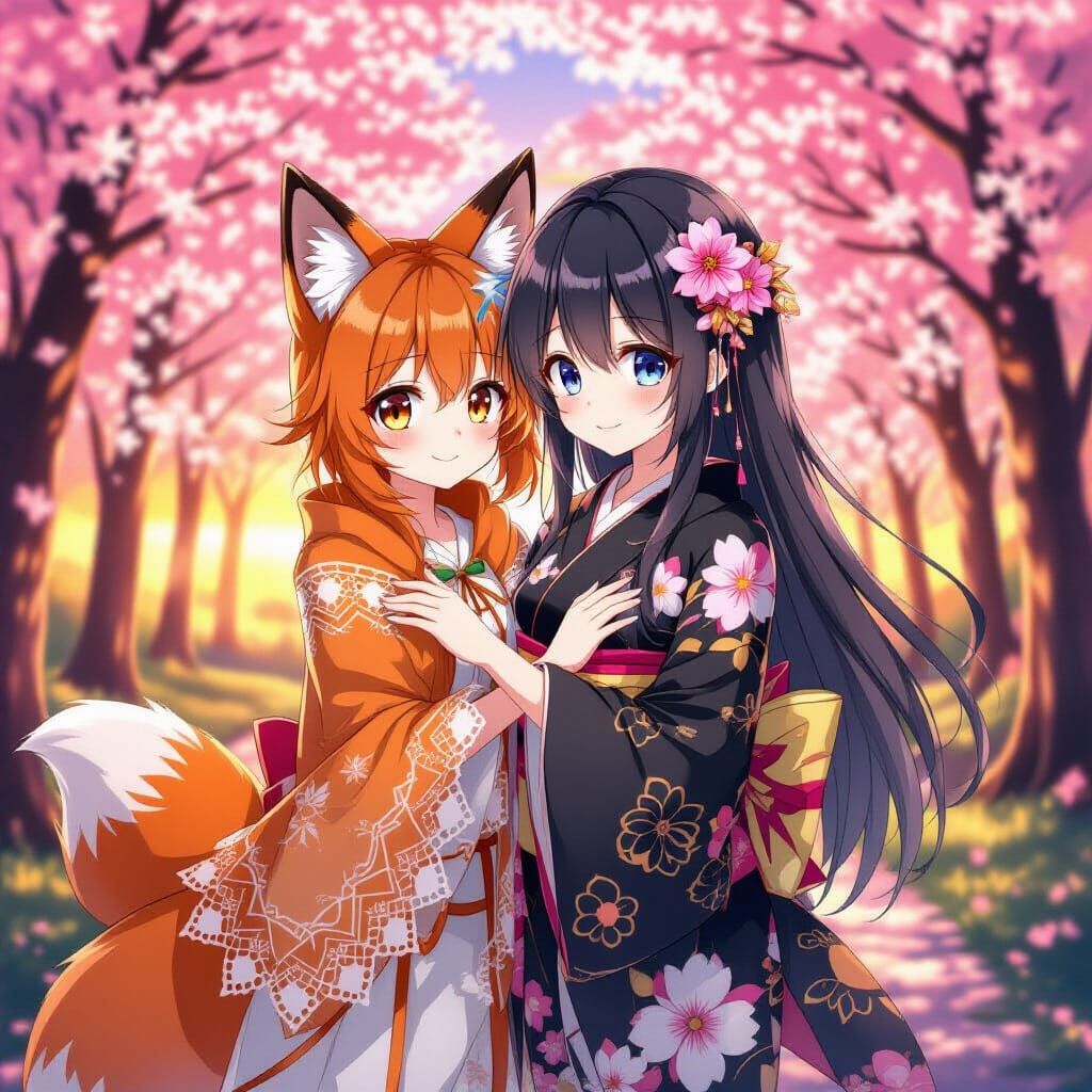 Anime Fox Girl in Cherry Blossom Forest