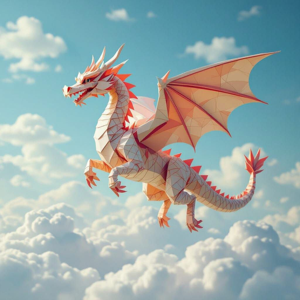 Dragon Origami Sculpture Soaring Through Cloudy Sky