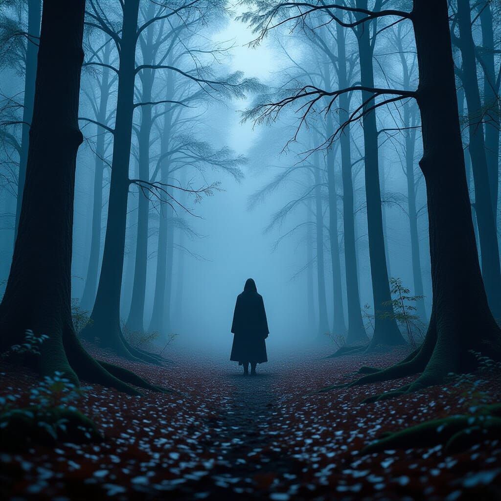 Eerie Figure in Misty Forest, Matte Painting