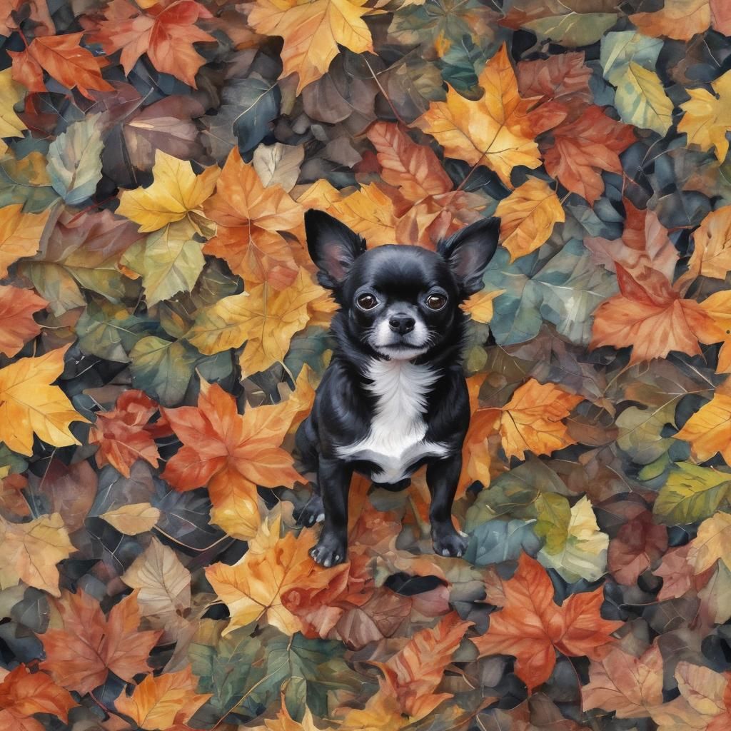 Chihuahua in Autumn Leaves: Expressive Watercolor Art