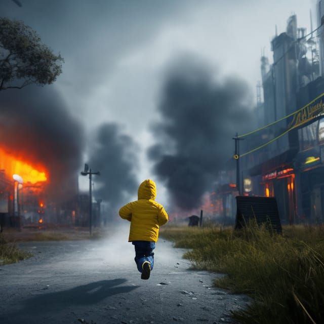 Terrified Boy Runs Through War-Torn City