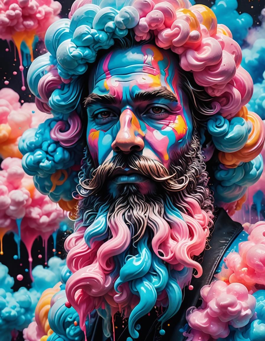 Whimsical beard made of colourful cotton candy.
