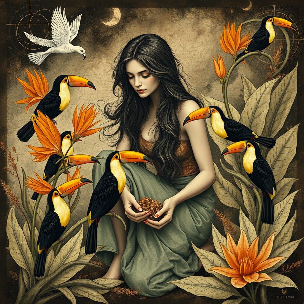Woman Feeding Toucans in Surreal Bio-Art Style