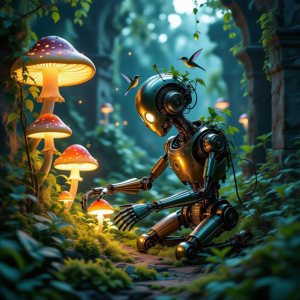 Brass Automaton Tends Bioluminescent Garden at Twilight