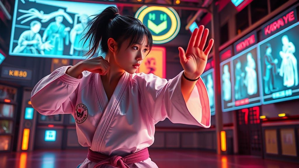 Cyberpunk Karate Master Guided by Holograms
