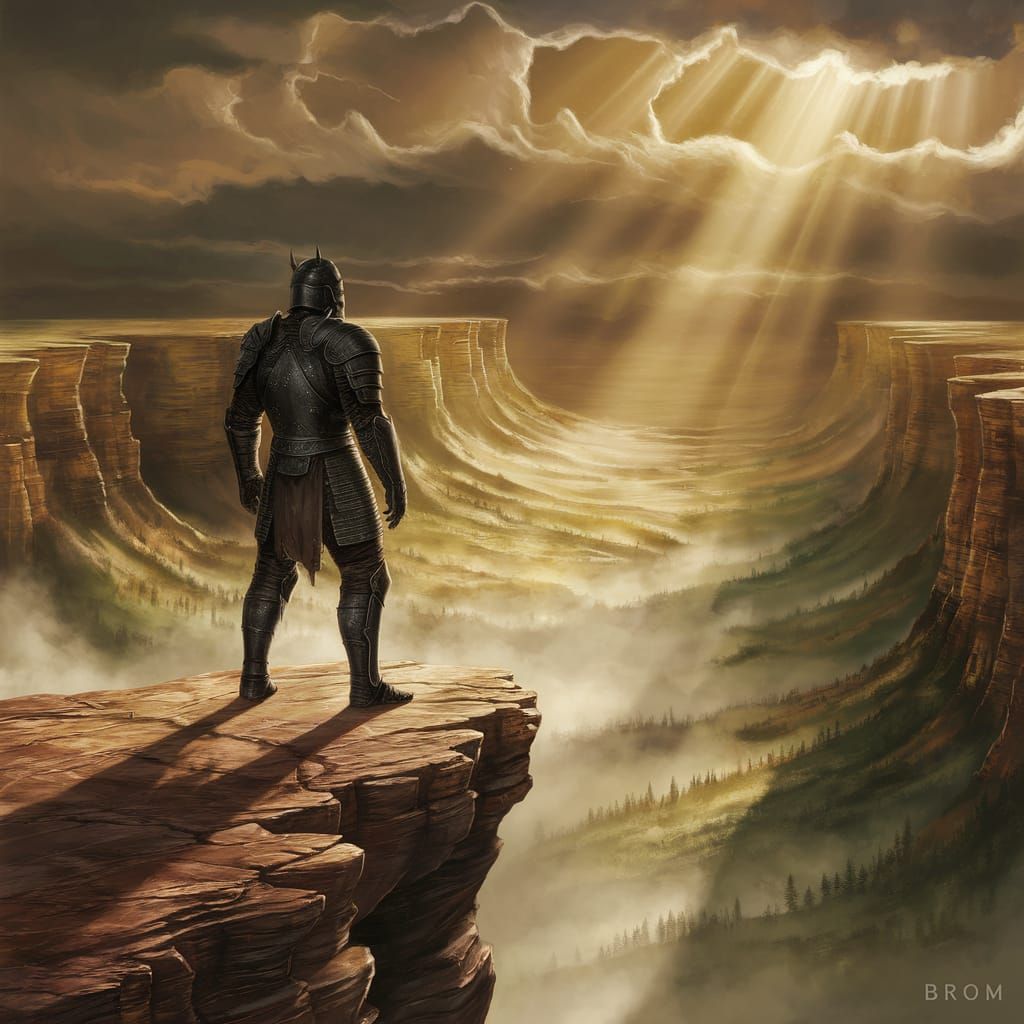 Solitary Warrior on Cliff Edge in Fantasy Concept Art Style