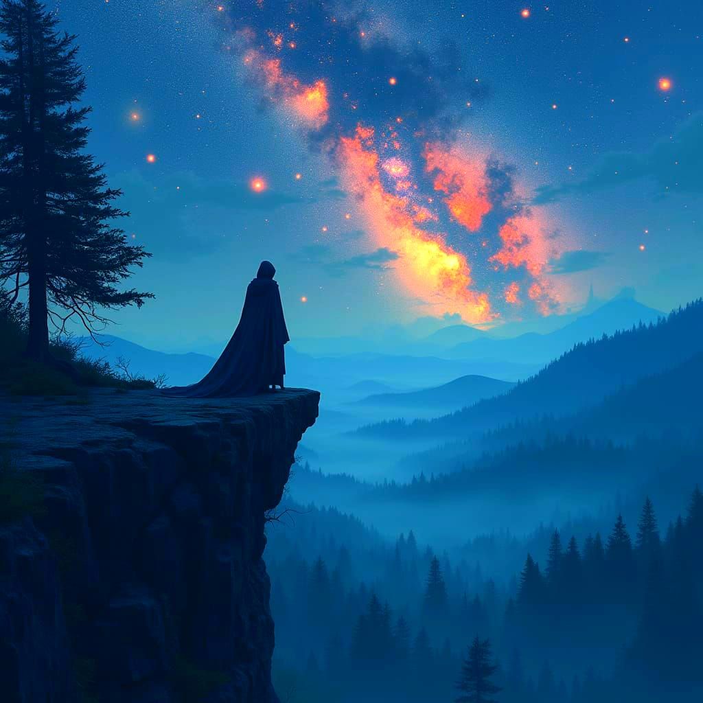 Mysterious Figure Overlooking Ancient Forest Under Starry Sk...