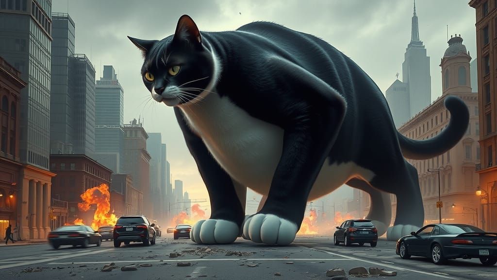 Gargantuan Tuxedo Cat Rampages Through City in Cyberpunk Apo...