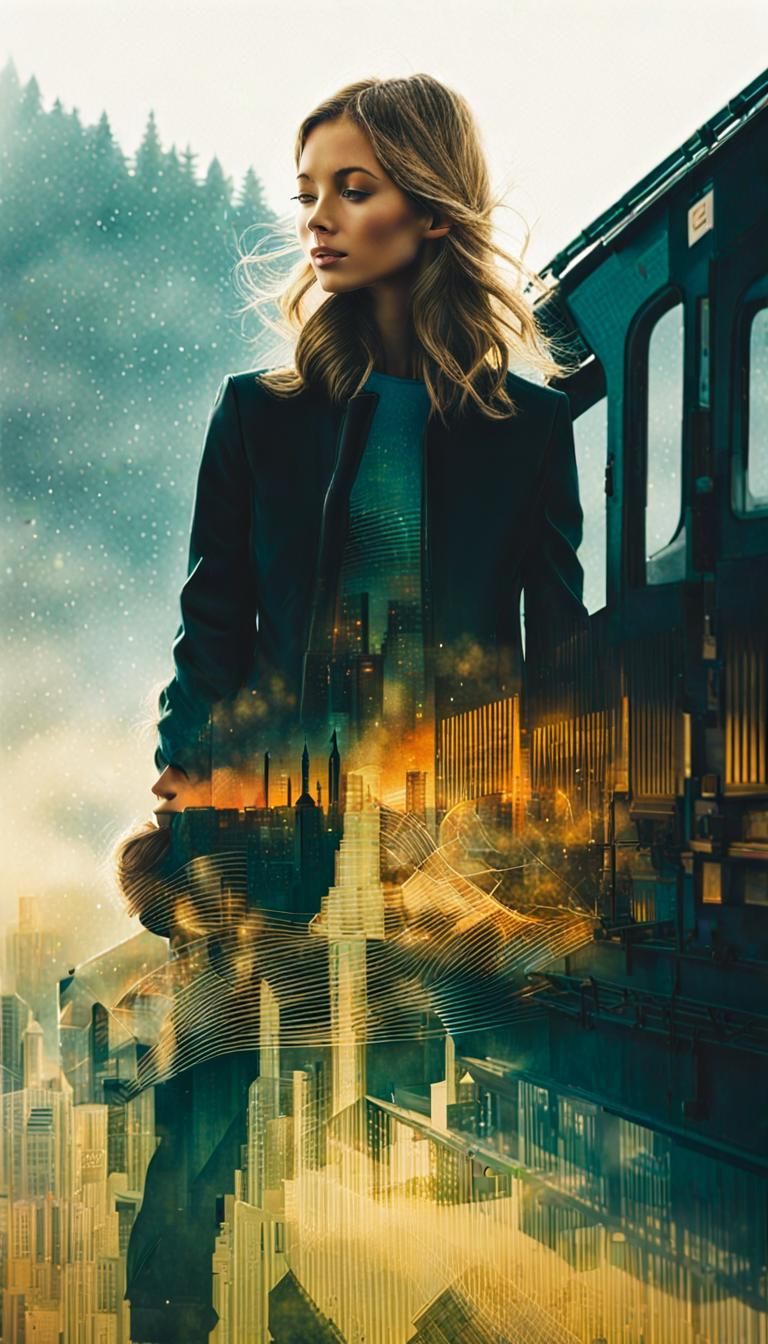 Girl on Train Platform in Double Exposure Art