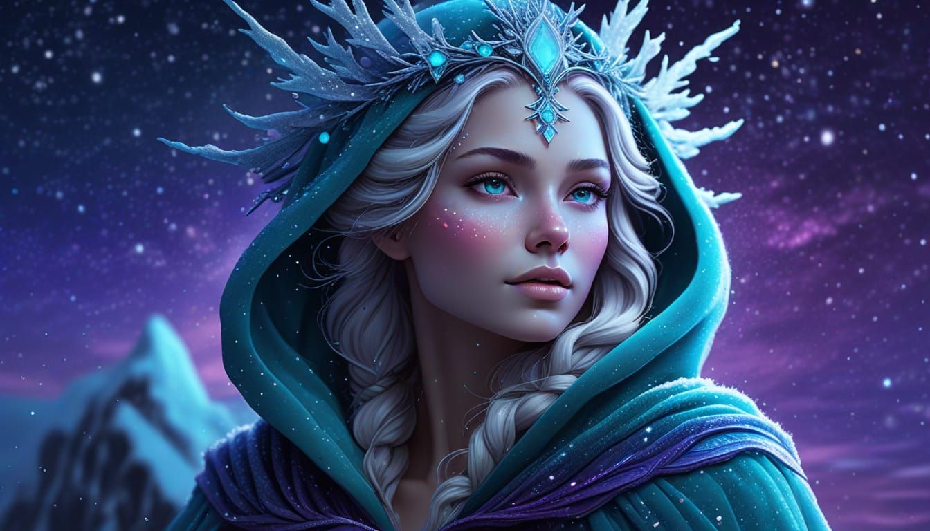 Turquoise Goddess of Winter Under Starry Sky