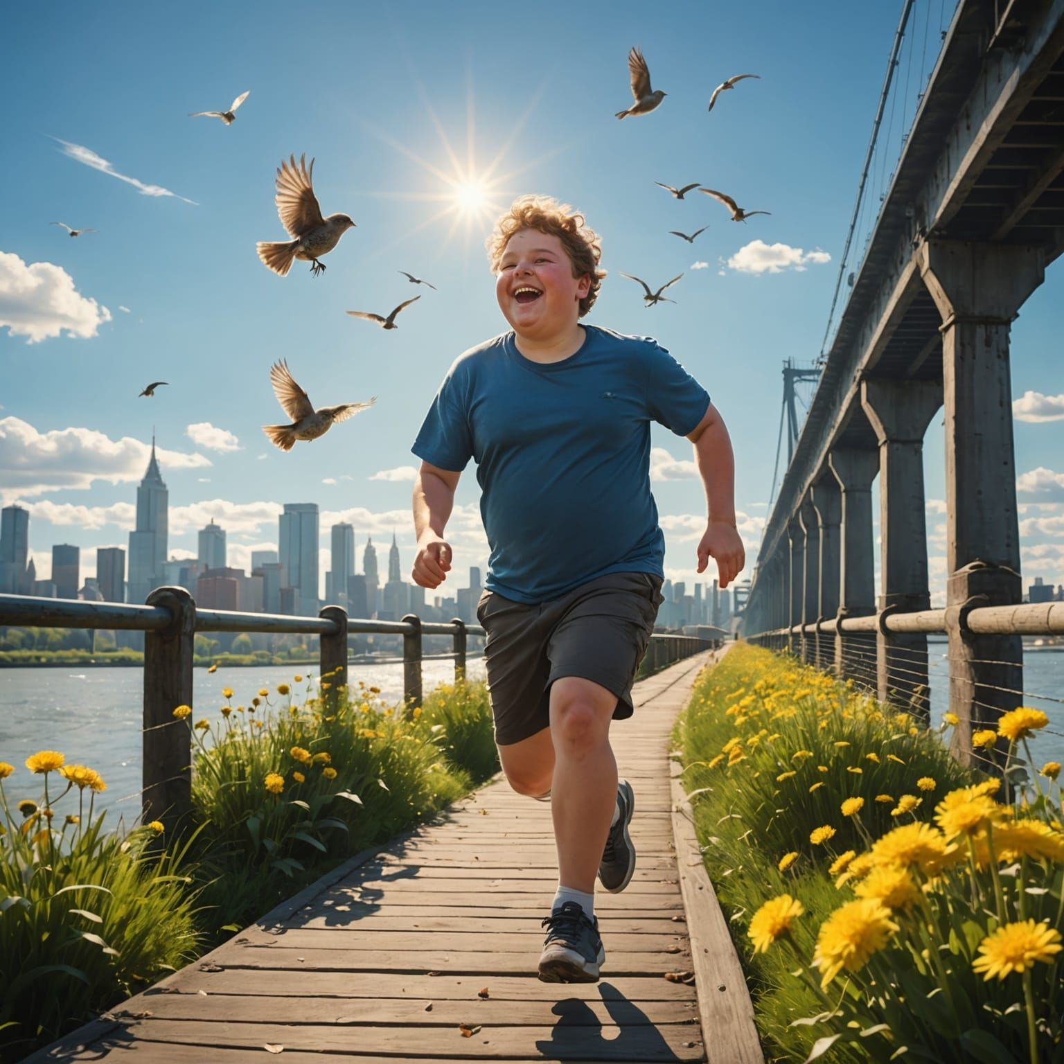 Joyful Teenager Running on Bridge: Detailed Matte Painting