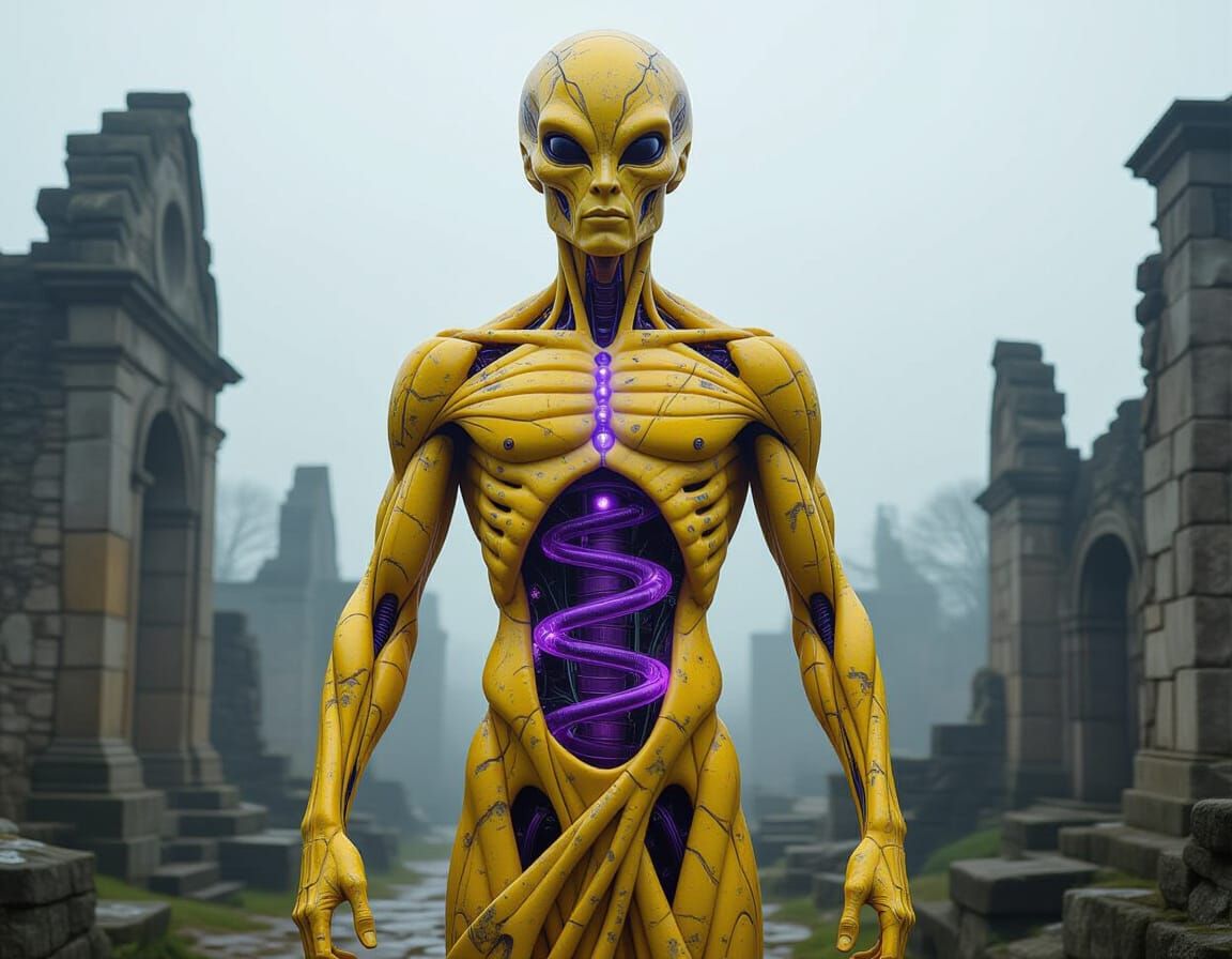 Pleiadian Alien Marble Sculpture in Steampunk Ruins