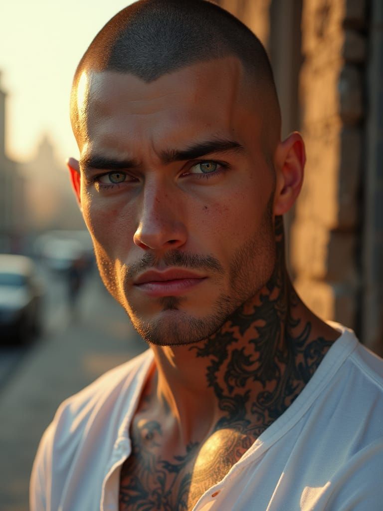 Chiseled Male Model with Gritty Street Background