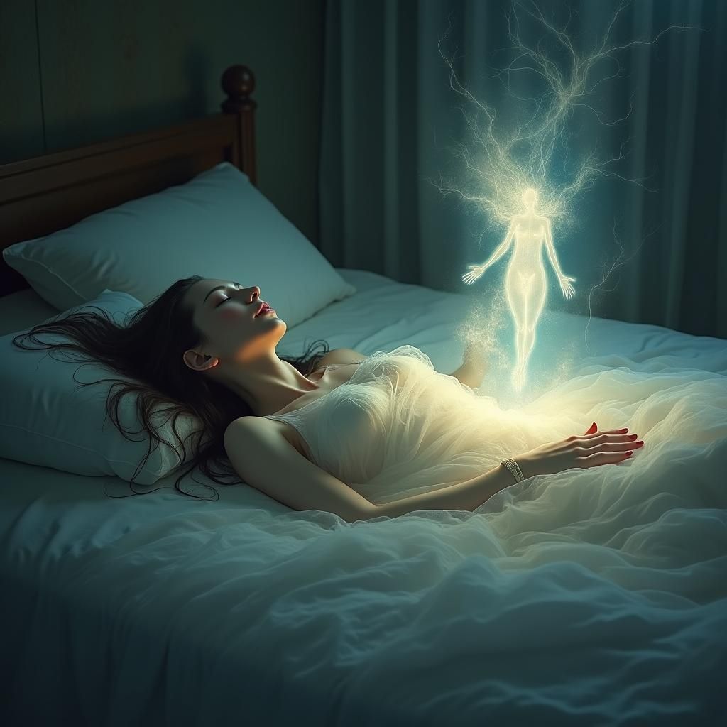 Astral Projection: Ethereal Woman in Dreamlike Illustration