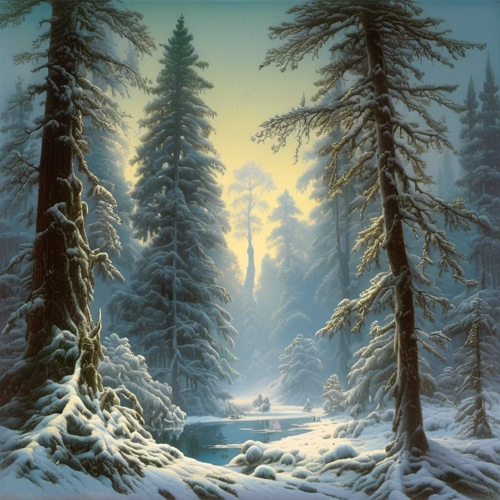 Snowy Evergreen Forest in Luminist Style