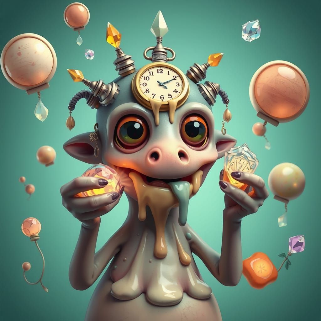 Surreal Cartoon Creature with Dripping Clocks, 3D Style