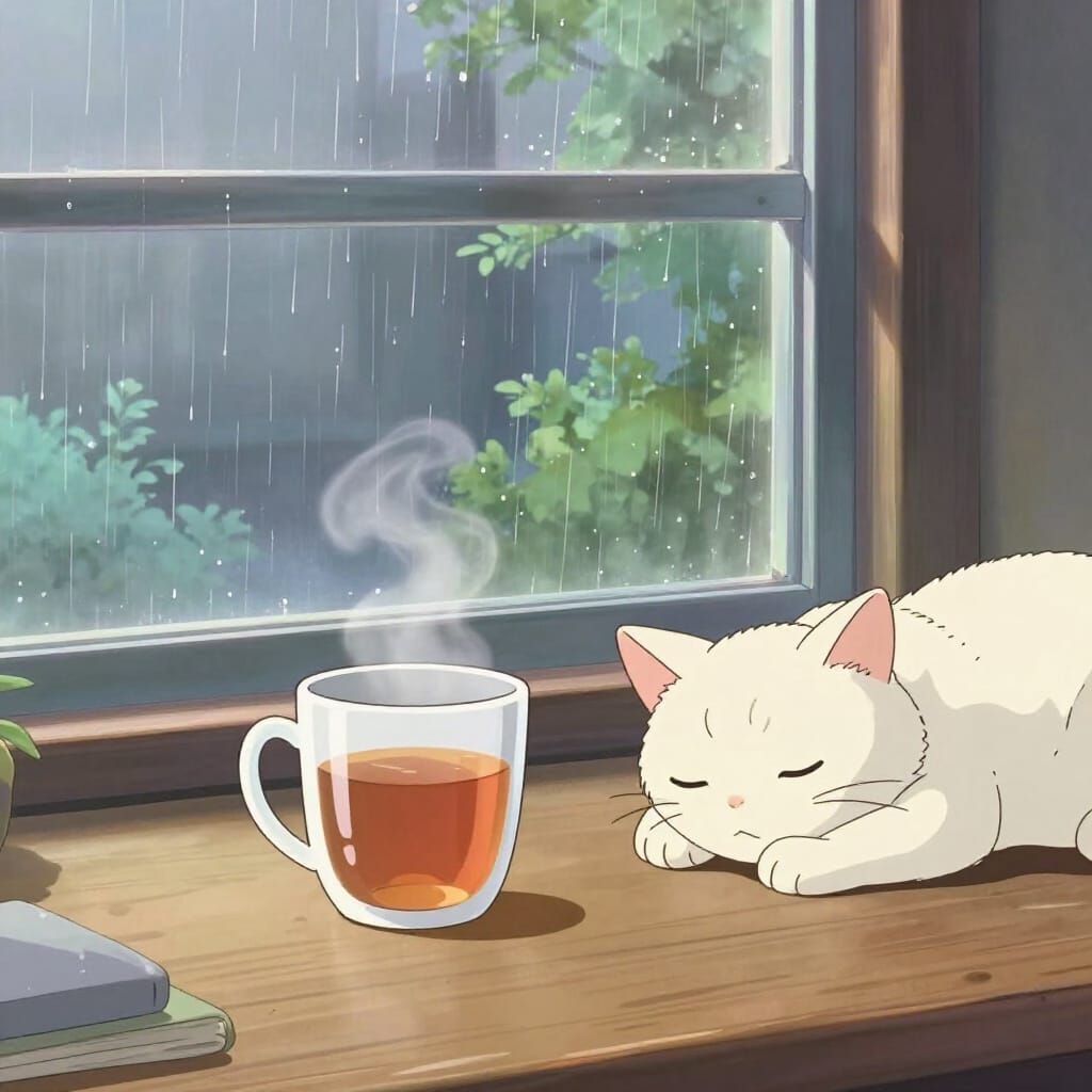 Cozy Lofi Anime Scene with Gentle Rain and Steaming Tea