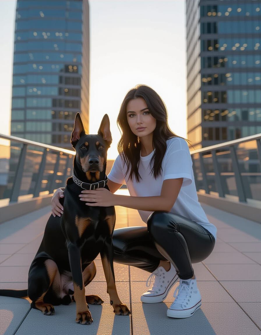 Woman and Doberman on Terrace at Dusk