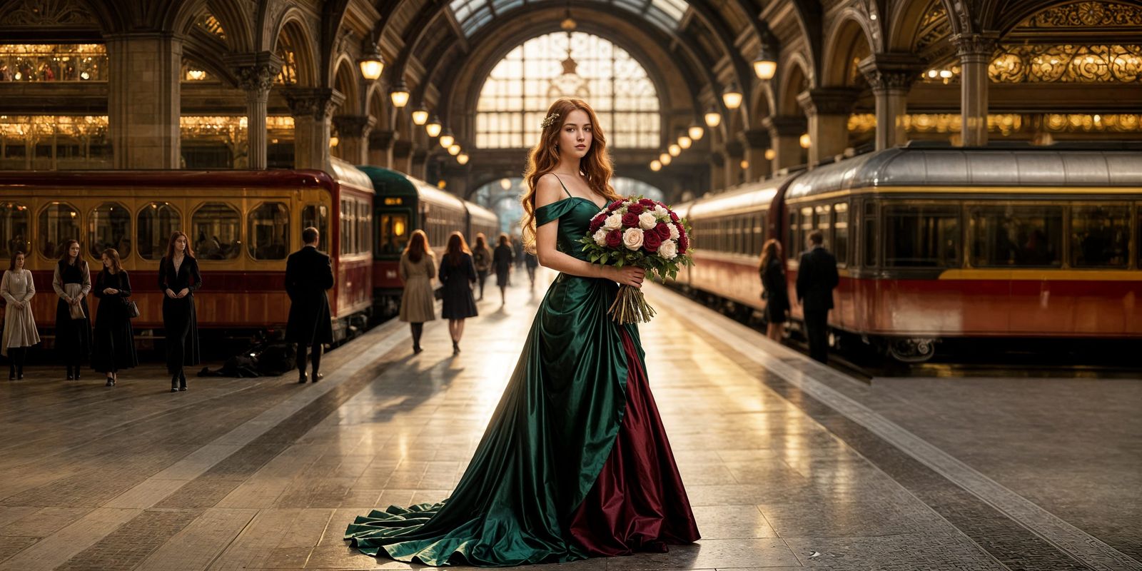 Woman in Emerald Gown at Train Station, Pre-Raphaelite Style