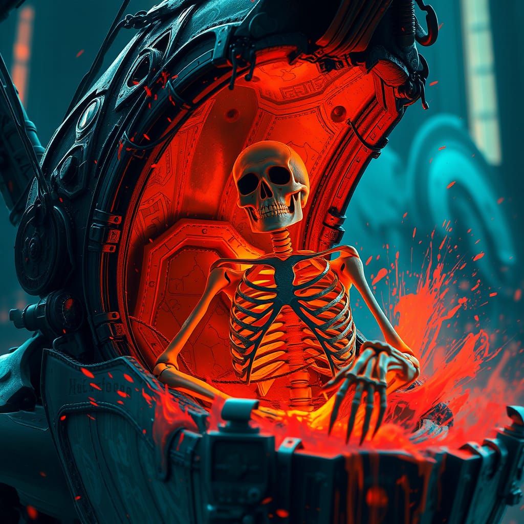 Surreal Skeleton Reclines in a Luxurious Hearse, Radiating W...