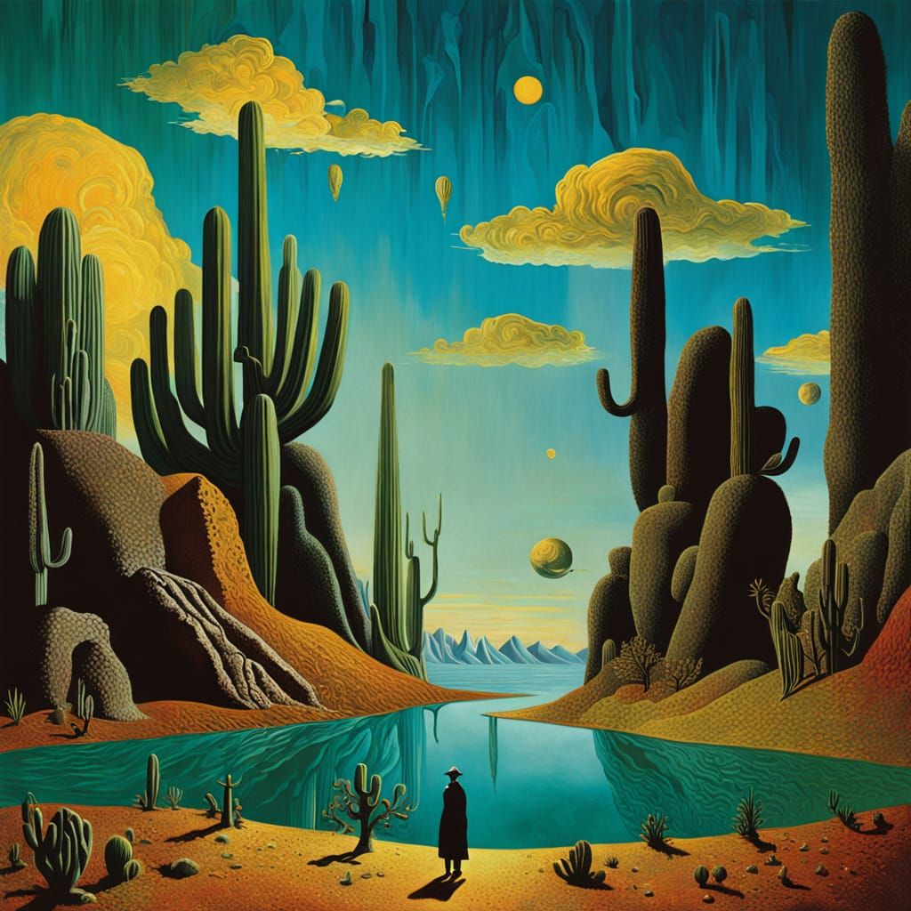 Surreal Desert Landscape with Waterfall in Dreamlike Oil Pai...