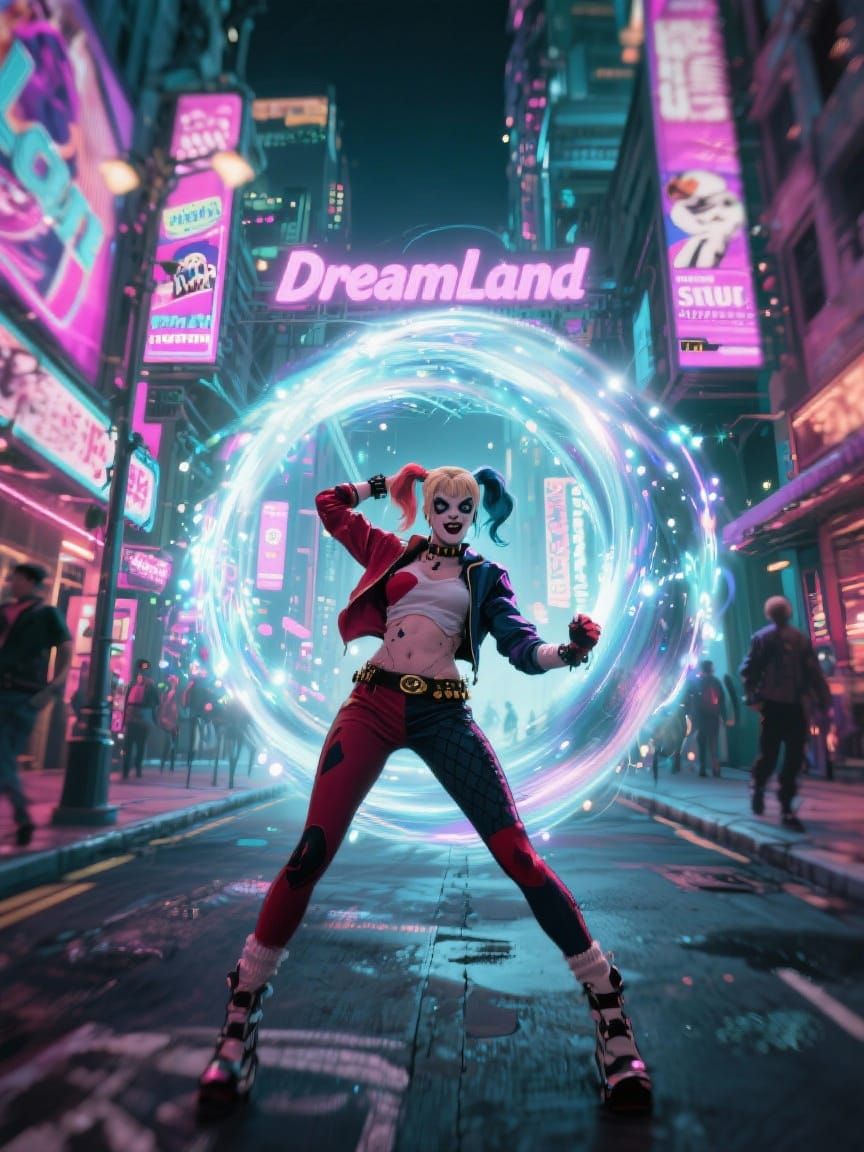Harley Quinn in a Luminous Steamwave Street
