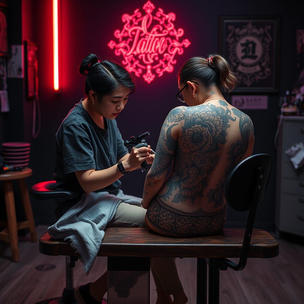 Surreal Dark Studio Scene with Tattoo Artist at Work in Neon...