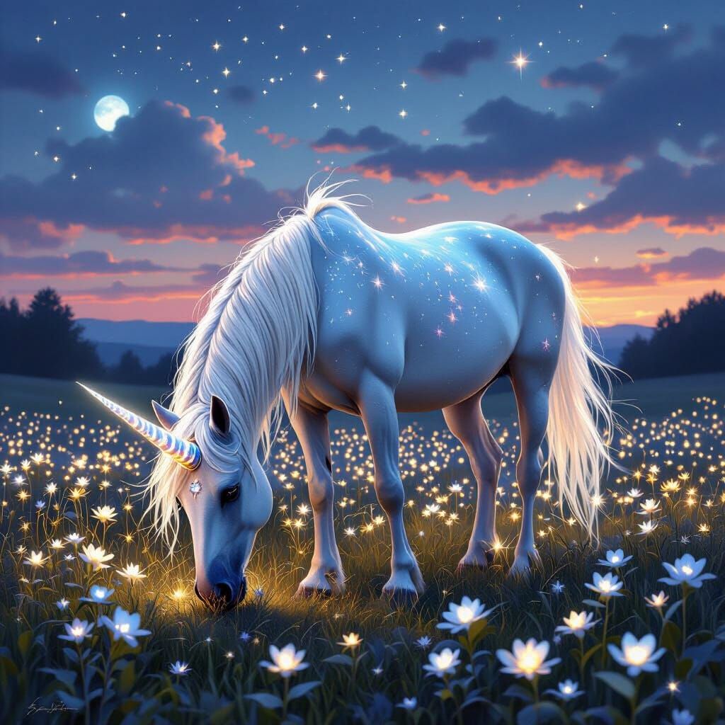 Regal Unicorn Grazing in Moonlit Meadow, Hyperrealistic Rend...