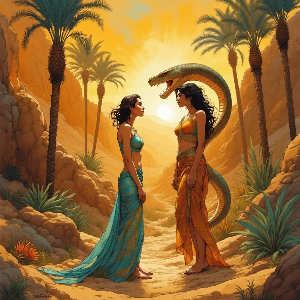Cobra Dance in Desert Oasis, Persian Miniature Style