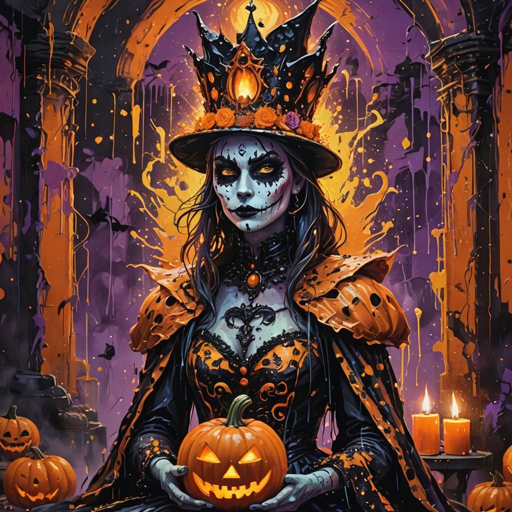 Halloween Queen and Cat in Vibrant Street Art