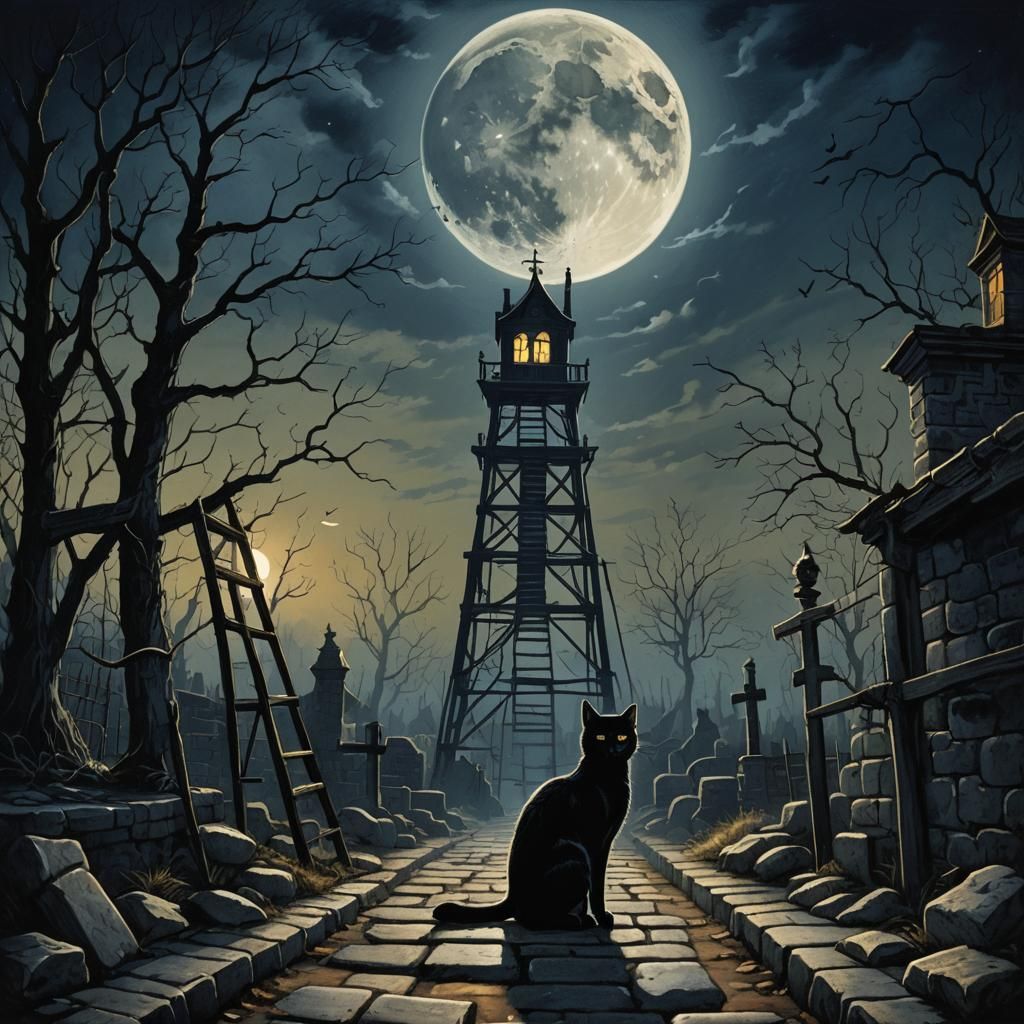 Dark Gothic Cat Under Moonlight, Doré Style