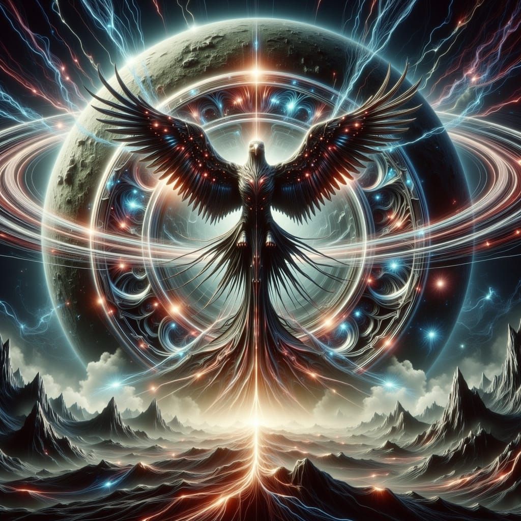 Cyberpunk Sci-Fi Art of a Xenomorph Eagle Over a Gas Planet