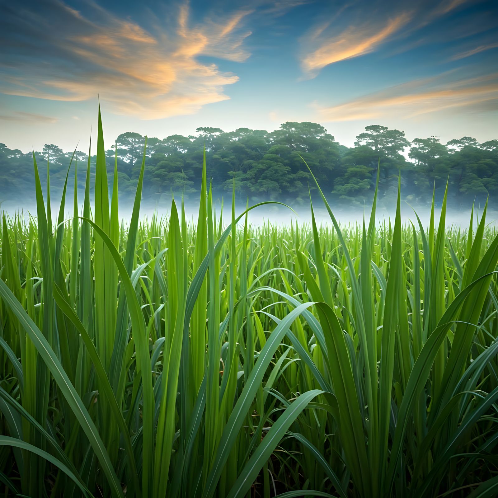 Lush Sugar Cane Field Amidst a Misty Swamp Tree Forest