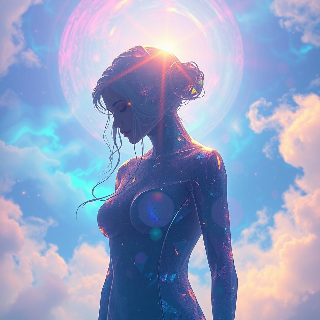 Crystalline Woman in Ethereal Digital Landscape