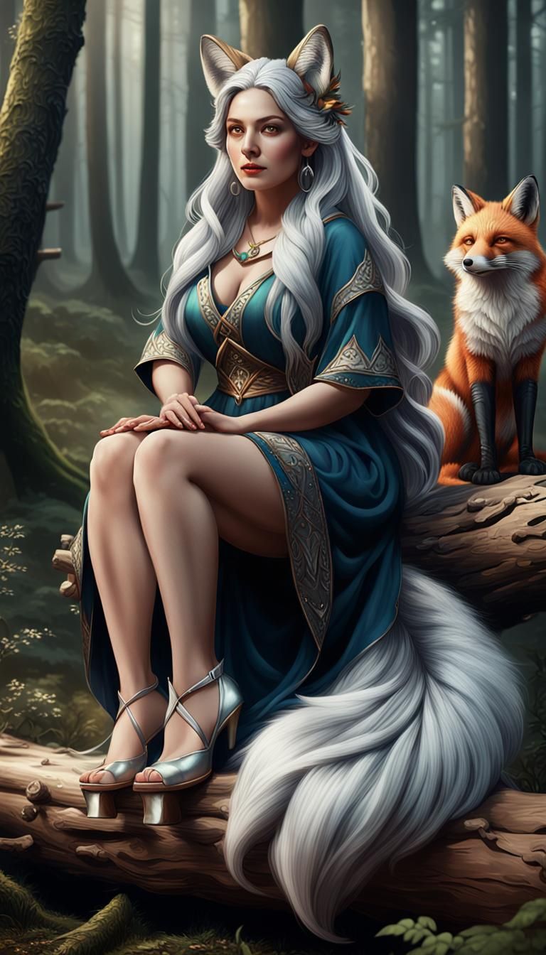 Fox-Eared Woman in Forest, Detailed Matte Painting