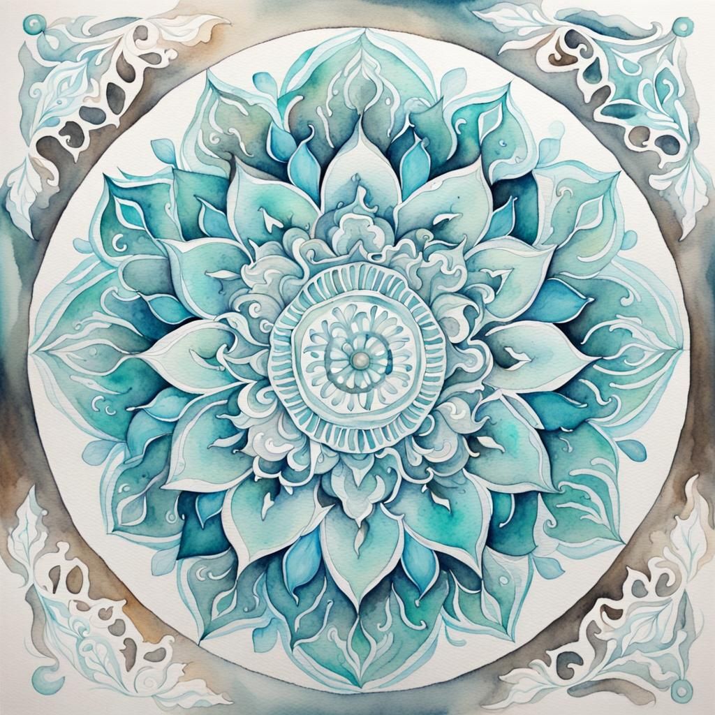 Detailed White and Aqua Watercolor Mandala