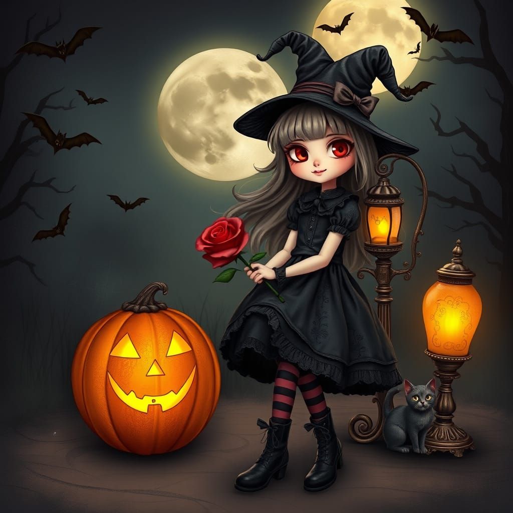 Goth Girl in Whimsical Halloween Wonderland