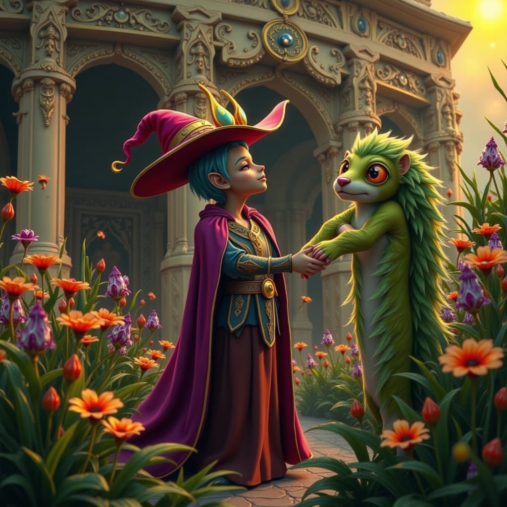 Orko Hugs Cringer in Palace Courtyard, Whimsical Art