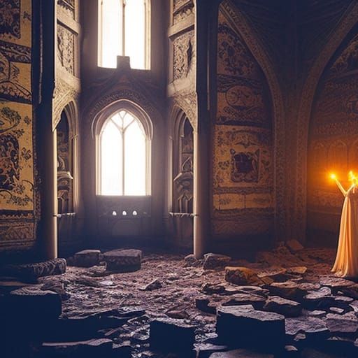 Ethereal Ghost in Ruined Castle: Digital Illustration